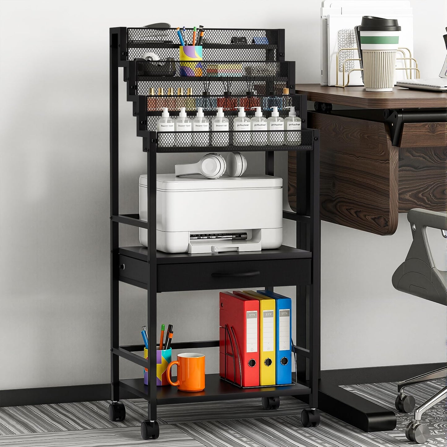 4-Tier Men's Cologne & Accessory Organizer with Drawer & Wheels, Sleek Industrial Wooden & Metal Perfume Display Rack for Cologne Bottles, Aftershave & Grooming Essentials, Multi-Functional Fragrance Storage Stand, Black