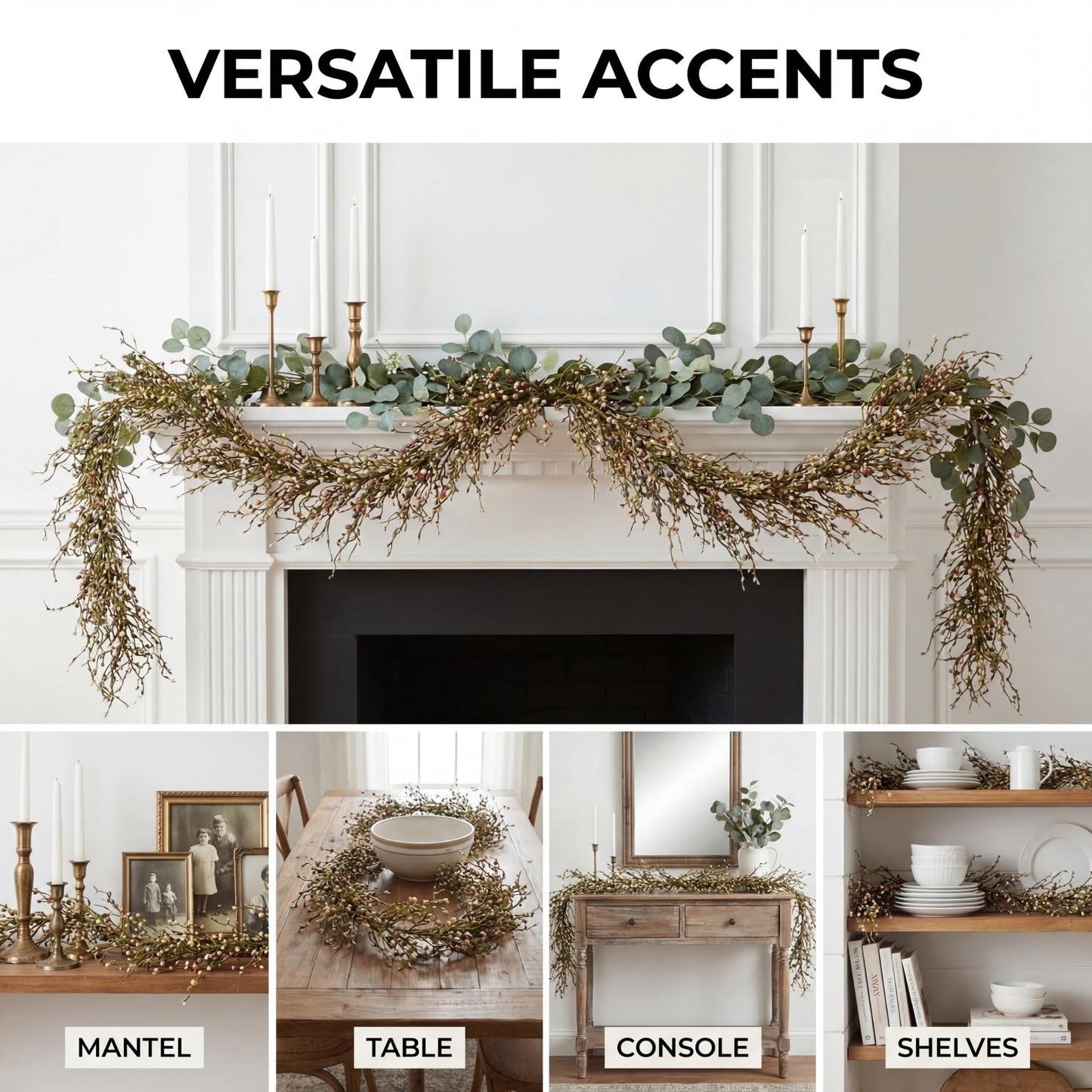 Quixem 60 Inch (5FT) Rustic Pastel Blue Peach & Yellow Pip Berry Garland for Fireplace Mantel & Table Runner, Flexible Wired Artificial Vine, Spring Farmhouse Decor, Precise Size