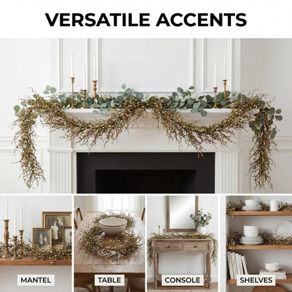 Quixem 60 Inch (5FT) Rustic Pastel Blue Peach & Yellow Pip Berry Garland for Fireplace Mantel & Table Runner, Flexible Wired Artificial Vine, Spring Farmhouse Decor, Precise Size