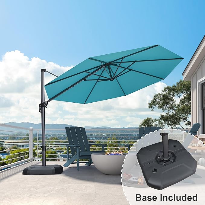 PURPLE LEAF 11 Feet Patio Cantilever Umbrella with Base Outdoor Umbrella Round Aluminum Offset with 360-degree Rotation for Garden Deck Pool Patio, Turquoise Blue