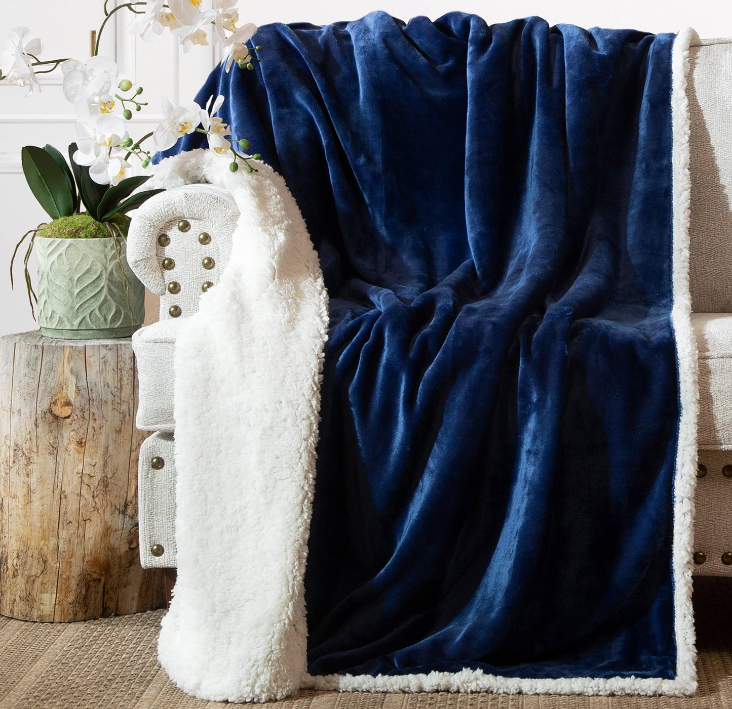 Carstens, Inc. Ultra Premium Super Soft Plush Sherpa Fleece Oversized Throw Blanket 54" x 68", Navy Blue