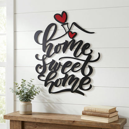 AIM & GGKK Home Sweet Home Wall Art, Metal Calligraphy Sign with Red Heart Accent - Rustic Farmhouse Wall Decor for Living Room, Entryway, Kitchen | 14.8" x 12.2" Black Metal | Easy Hang | Housewarming Gifts for New Homeowners