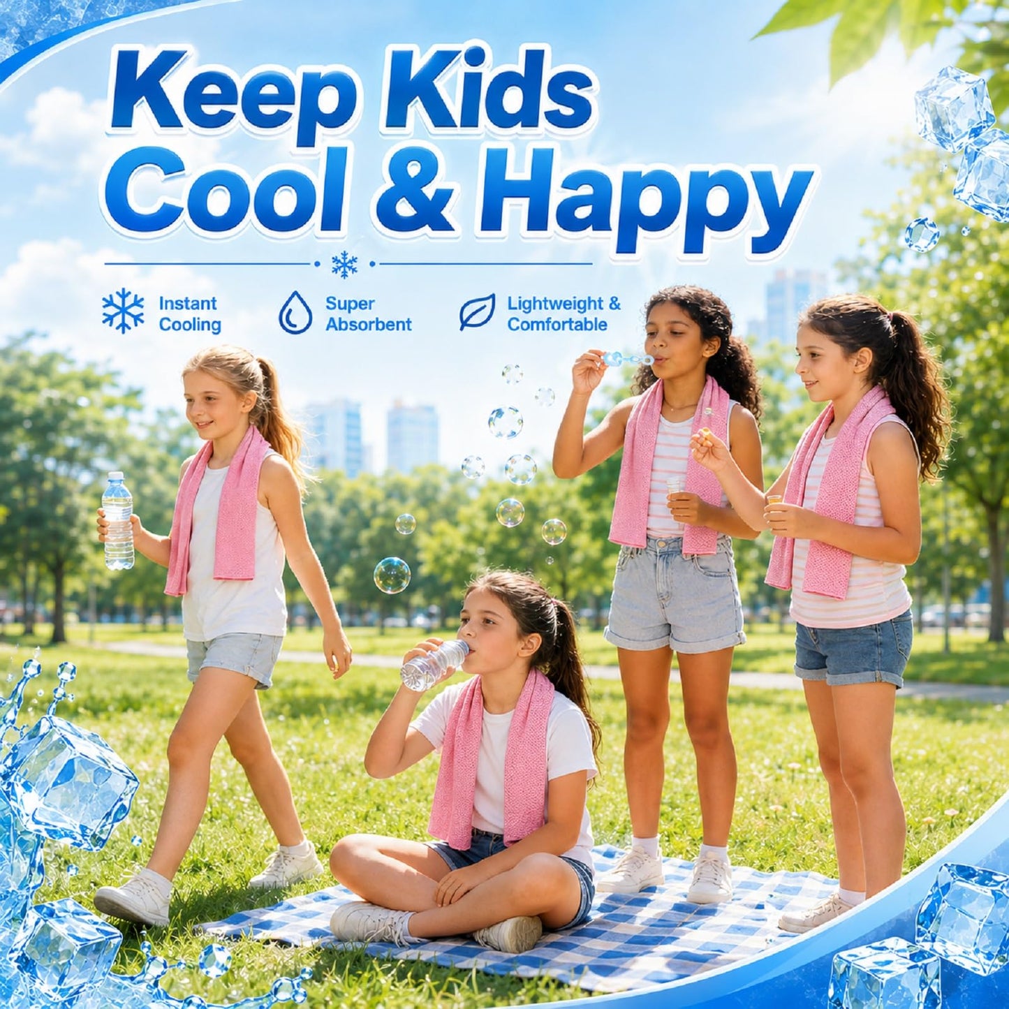 BobbleT Kids PVA Cooling Towels 4 Pack (30"x9") - Mini Instant Ice Cooling Towels for Neck & Face with UPF 50+ Sun Protection, Reusable Summer Heat Relief for Outdoor Activities, Pink
