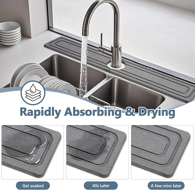 Faucet Mat for Kitchen Sink, Rapidly Absorbing Diatomite Fast Drying Stone