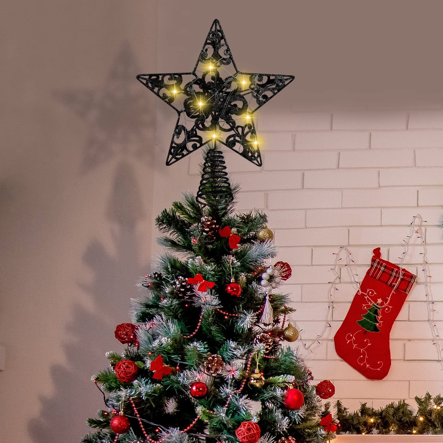 MCEAST Glittered Christmas Tree Topper with LED Lights 10 Inches Light Up Star Treetop for Indoor Outdoor Christmas Tree Decoration, Black