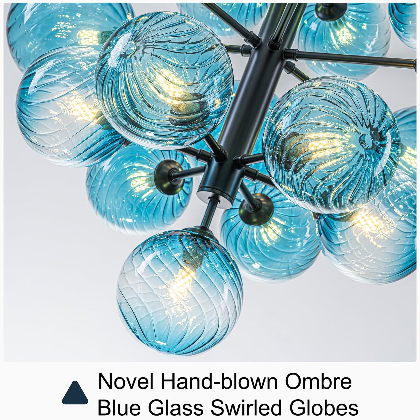 19-Light Blue Glass Bubble Chandelier Light Fixture, 24" Large Foyer Lighting Fixtures, Adjustable Black Mid Century Modern Sputnik Chandeliers for Dining Room Chandelier over Table, G9 Bulb Base
