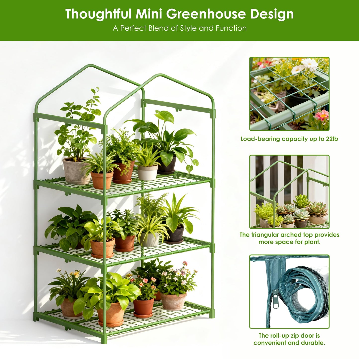 Carotex 3 Tier Mini Greenhouse, 27 x 19 x 50 Inch Portable Green House with PVC Cover and Steel Frame for Indoor Outdoor Plants, Seedlings, Herbs, Vegetables
