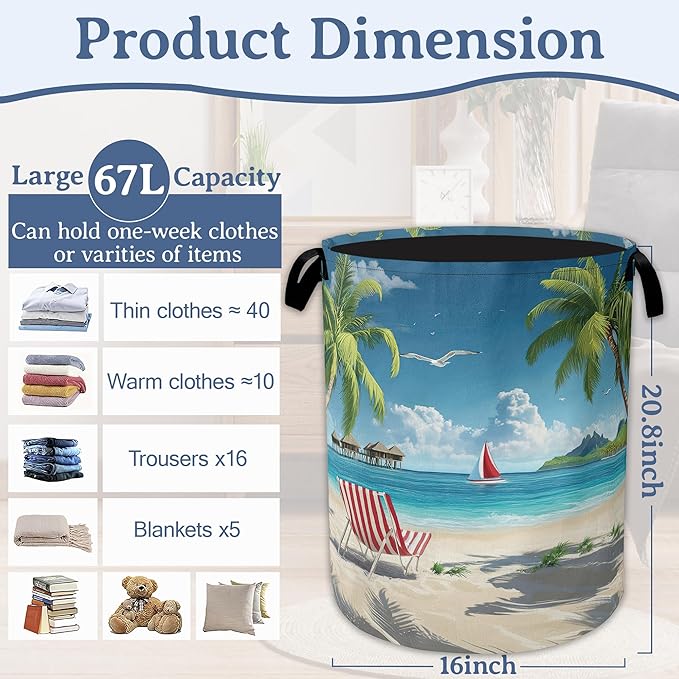Tropical Beach Laundry Basket, Foldable Waterproof Oxford Cloth Tote Bag Hawaii