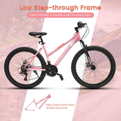 Ecarpat Women's Mountain Bike 24/26 Inch Wheels, 21-Speed Trail Commuter City Mountain Bikes, 15"/17" Carbon Steel Frame Female Bicycles Disc Brakes Front Fork, Pink