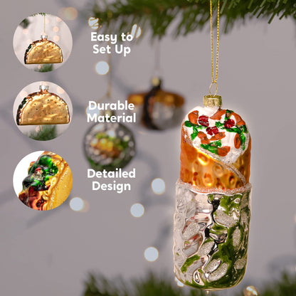 JOYIN Christmas Taco and Burrito Ornament, 2 pcs Glass Blown Set Handcrafted for Tree Hanging Ornament Outdoor Christmas Decorations Indoor