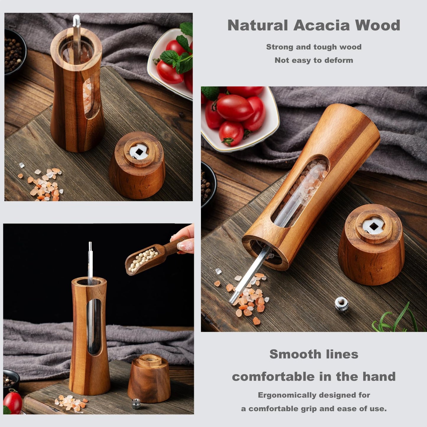 GCFTIFF Acrylic Wooden Salt and Pepper Grinder Set, Solid Acacia Wood Shakers with Adjustable Ceramic Steel Core,Manual Pepper Mill with Wooden Stand & Spoon(2pcs,8 inches)