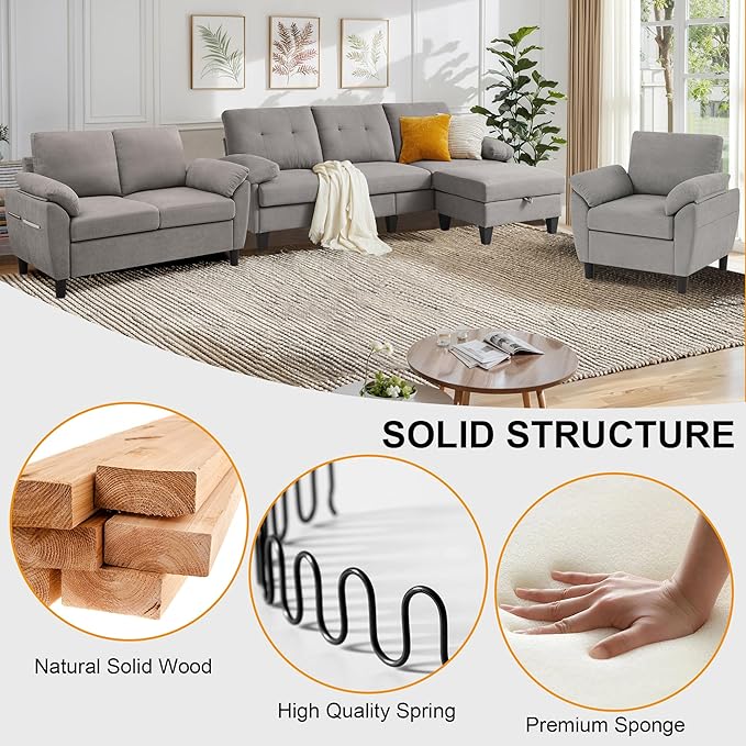 84" Convertible Sectional Sofa Set, 3 Seat L Shaped Couch