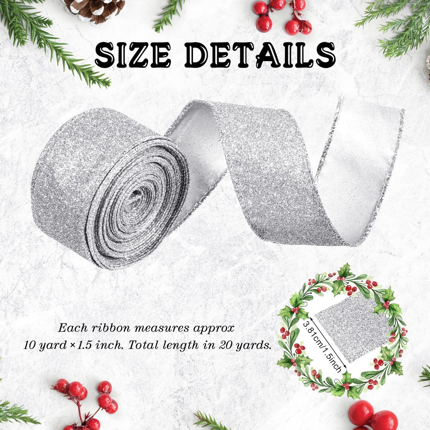 Juinte Christmas Wired Ribbon - 2 Roll 20 Yards Glitter Tree Ribbon, Thick Metallic Gift Wrapping for Wreath, Garland, Party DIY Crafts Decorations (1.5 Inch, Silver)