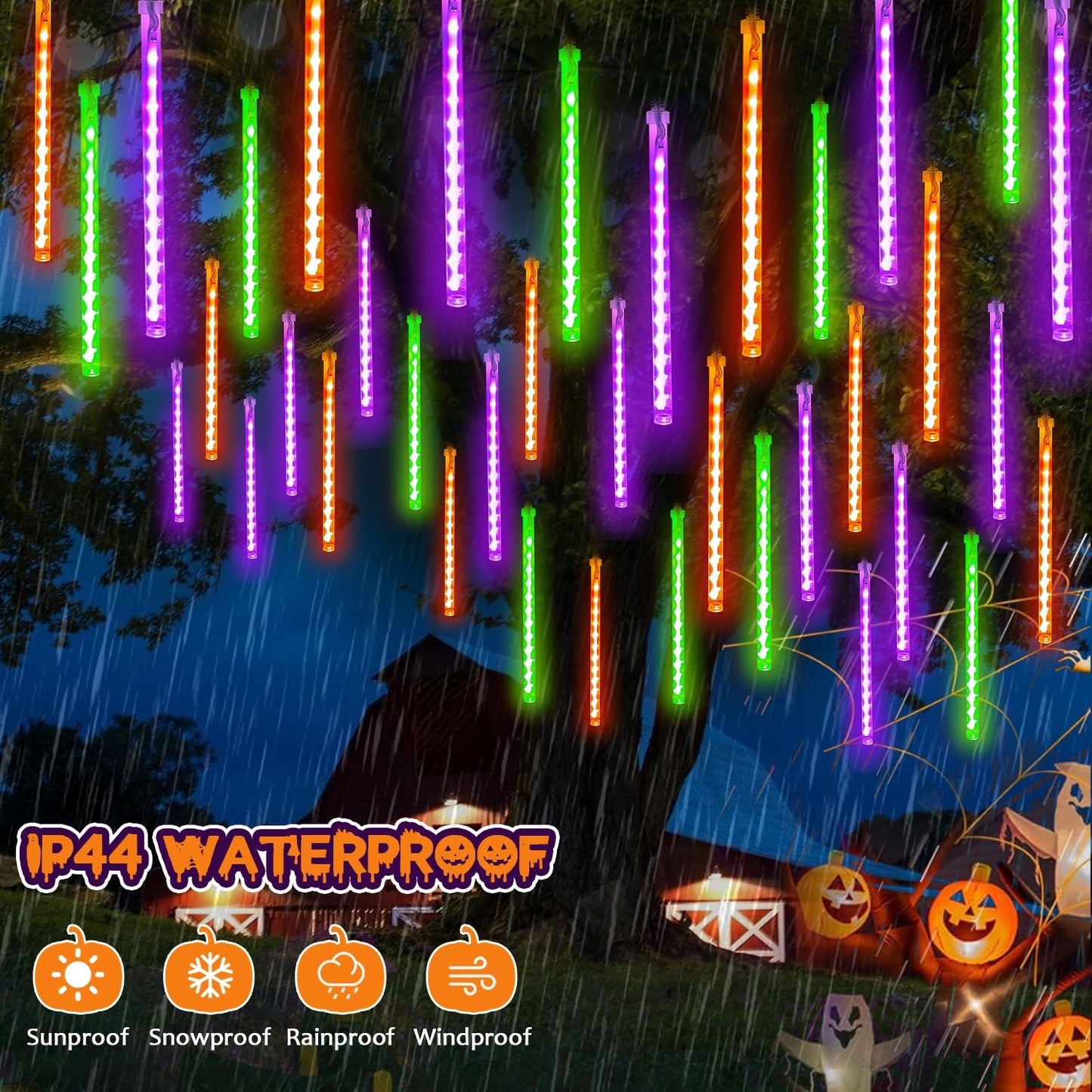 Outdoor Halloween Lights, 2 Pack Extendable Meteor Shower Lights Outdoor Waterproof with Timer, Total 432LED 18 Tubes Cascading String Light Plug in for Garden Halloween Yard (Orange Purple and Green)