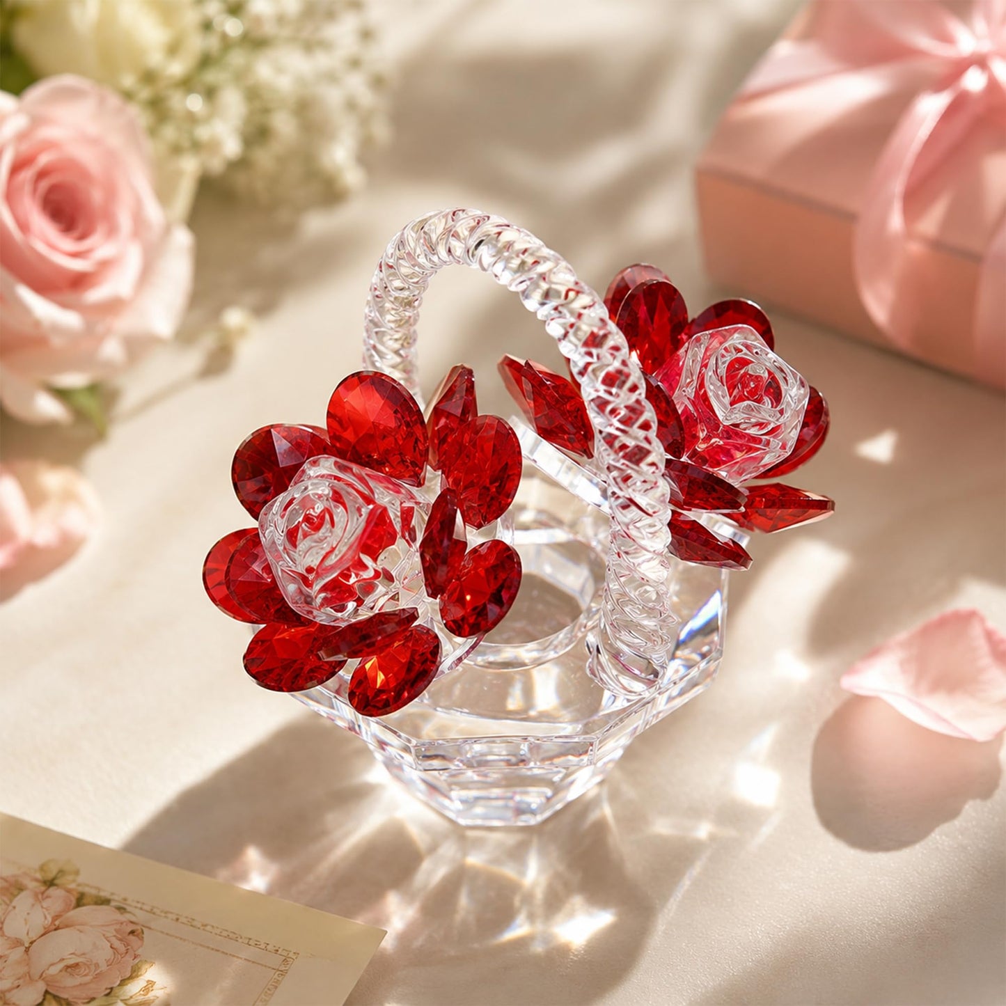 H&D HYALINE & DORA Crystal Red Rose Flower Basket Crystal Collectible Figurines Ornaments for Home Decor Table Centerpiece