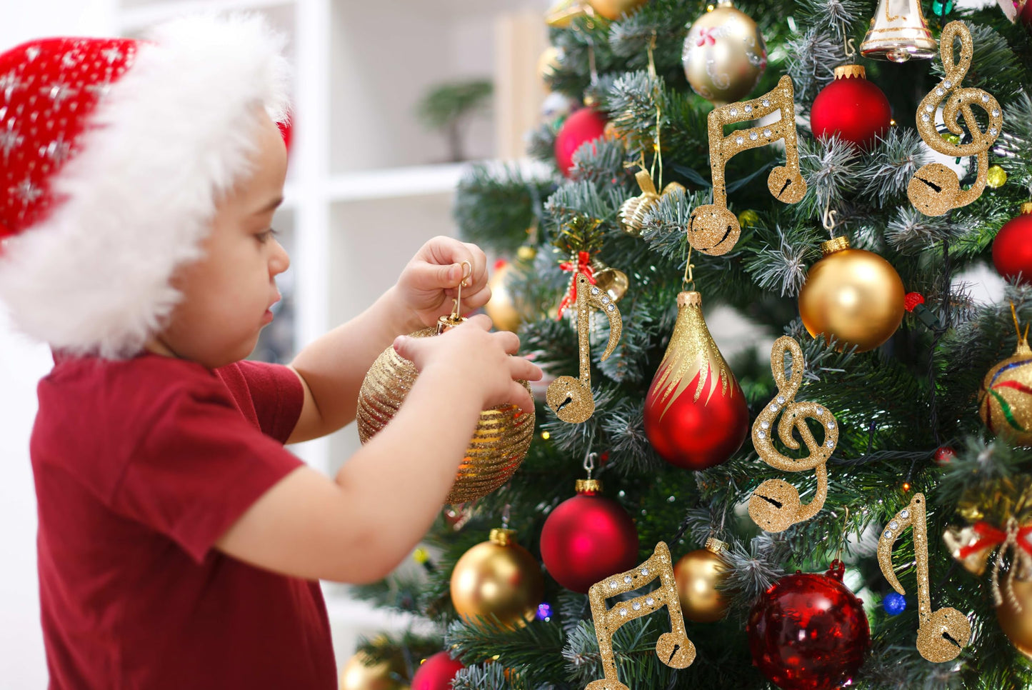 Christmas Traditions 4" Gold Glittered Christmas Hanging Musical Ornaments Musical Notes with Metal Bell Tree Decorations Quarter Note/Eighth Note/Treble Clef 3 Styles asst. (Set of 6) (Gold)