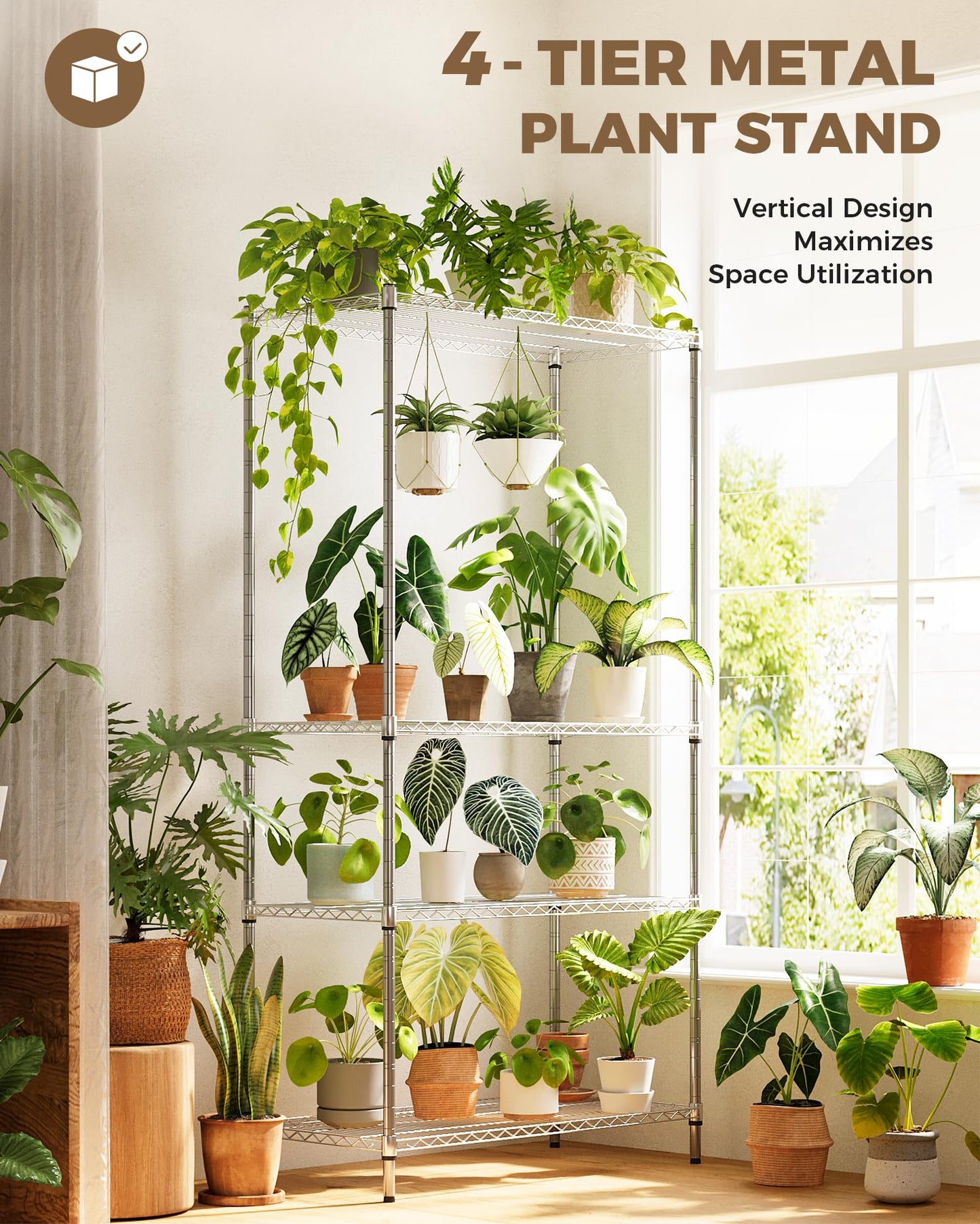 GENTINGBRO Large Plant Shelf Indoor Plant Stand Outdoor 4 Tier for Plants Heavy Duty 3000lbs Plant Rack Storage Shelves Adjustable Tall Plant Holder for Balcony Garden Patio