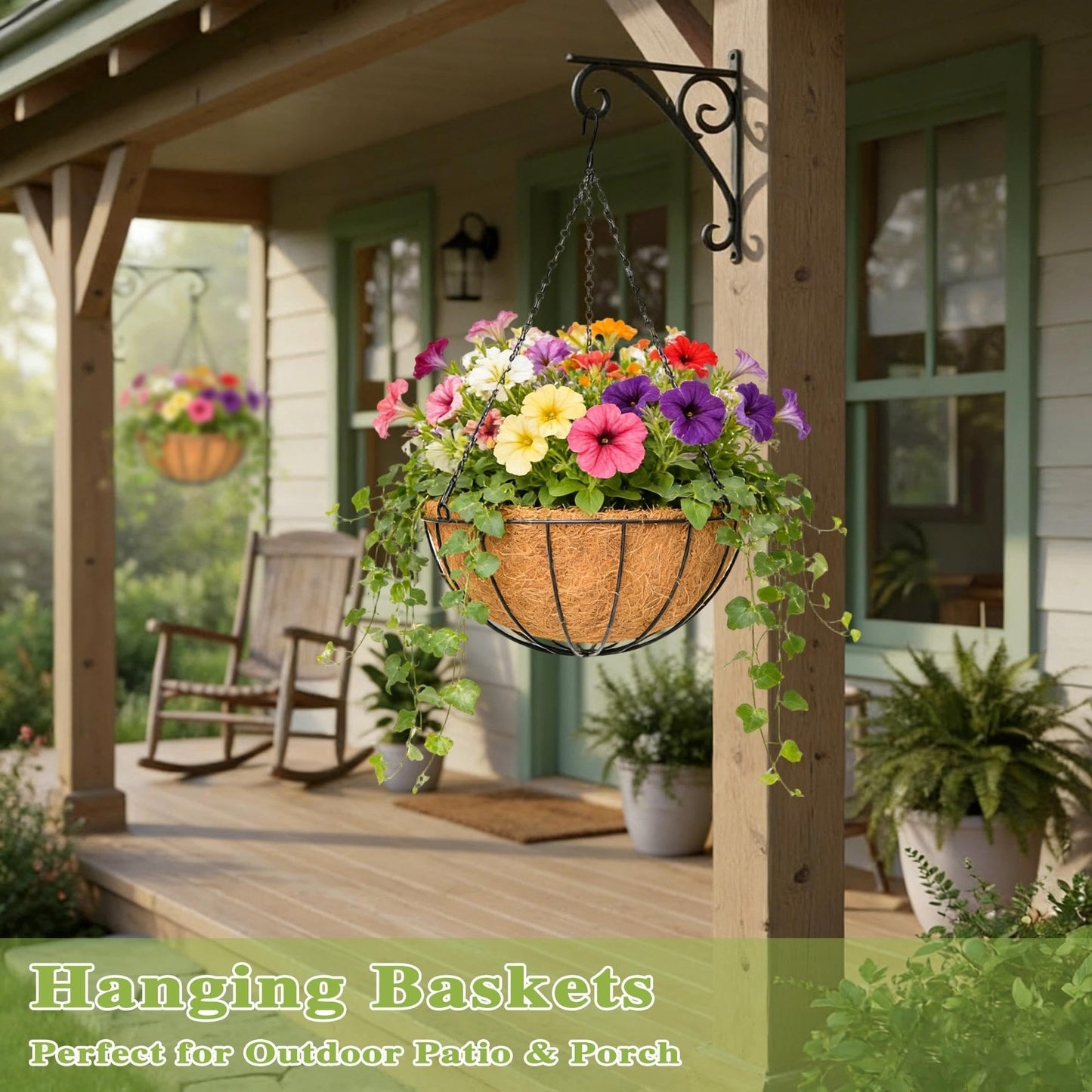 Qusuxi 4 Pack 16 Inch Hanging Planters Outdoor Metal Hanging Flower Baskets with Coco Fiber Liners Chain Round Wire Plant Holder Hanging Flower Pots (Watermelon)