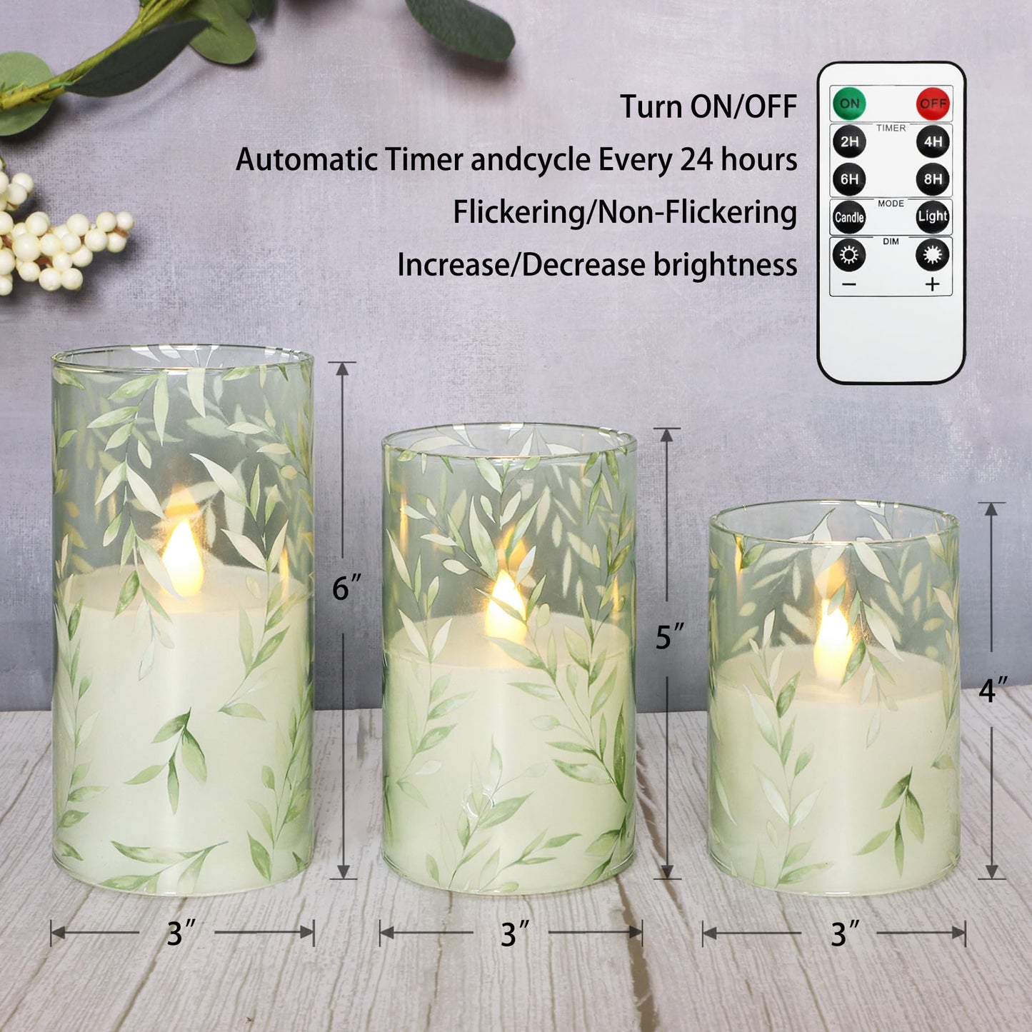 Crystal Club Glass Flameless Candles with Remote Timer, Battery Operated Flickering LED Pillar Candles, Green Willow Leaves Design for Wedding Holiday Home Decor