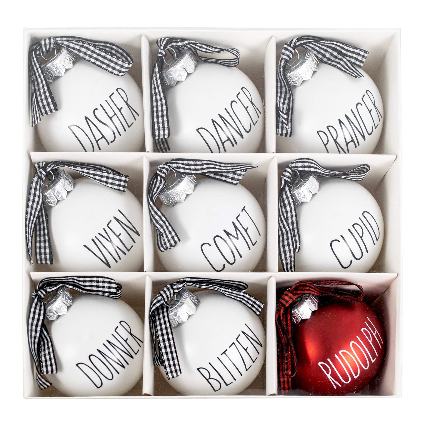 Buffalo Plaid Christmas Tree Ornaments - Set of 9 Shatterproof Bulbs - Farmhouse Reindeer Ornaments with Buffalo Check Bow - Compatible with Rae Dunn Rustic Decorations - Matte White & Red for Rudolph