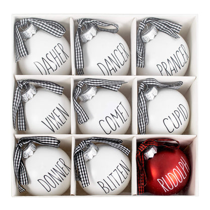 Buffalo Plaid Christmas Tree Ornaments - Set of 9 Shatterproof Bulbs - Farmhouse Reindeer Ornaments with Buffalo Check Bow - Compatible with Rae Dunn Rustic Decorations - Matte White & Red for Rudolph