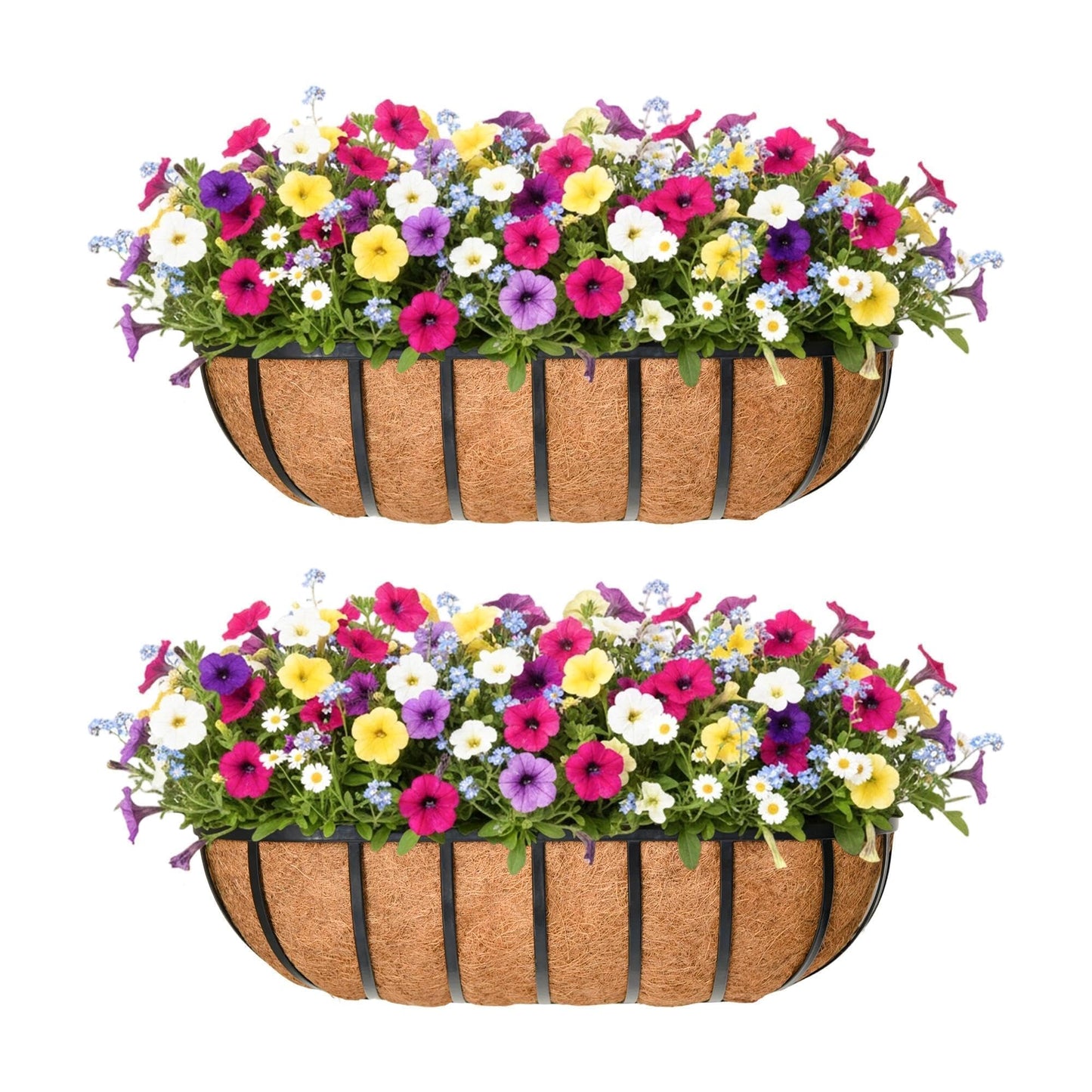 Qusuxi 16'' Window Box Railing Planter with Coco Liner,2 Pack Horse Trough Planters Black Metal Hanging Flower Planters Basket for Porch Fence Patio Indoor Outdoor Lawn