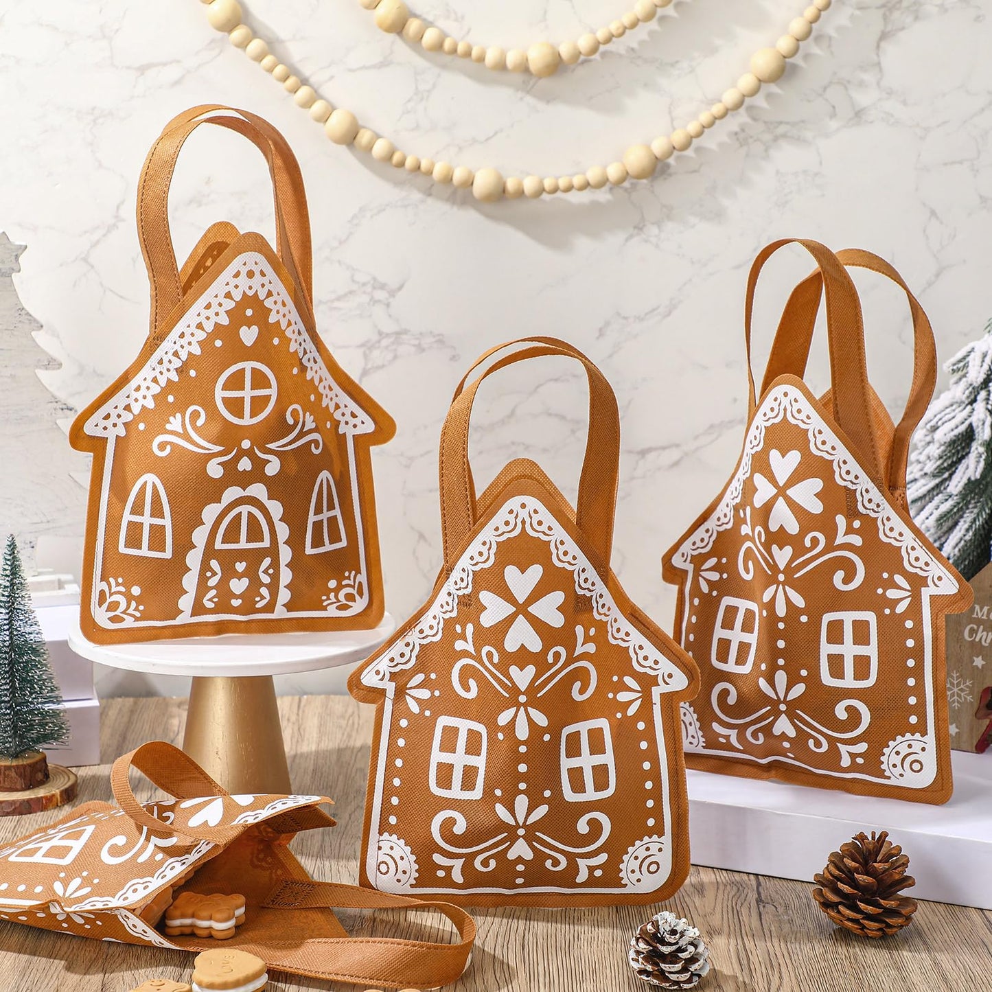 Silkfly 48 Pcs Non Woven Gingerbread House Christmas Tote Bags with Handles Gingerbread House Shape Gifts Candy Goodies Treats Bags for Xmas Holiday Party Favors