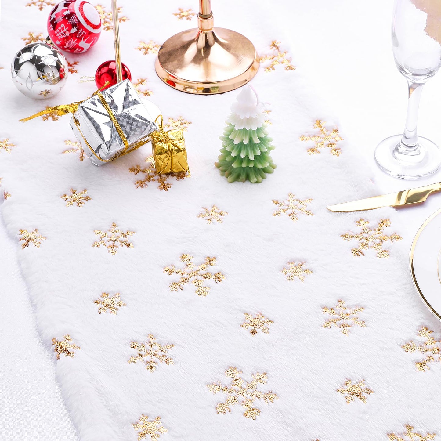 Faux Fur Christmas Table Runners 72 inches Long, Gold Sequin Snowflake Table Runner Xmas Table Runner for White Super Soft Thick Luxury Christmas Table Decoration, 13x72 inch
