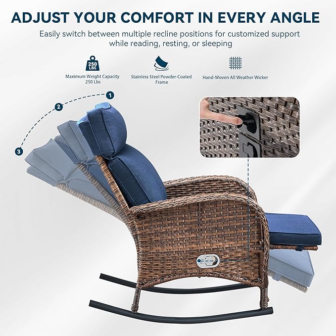 Zero Gravity Patio Rocking Wicker Recliner Chair - Wicker Outdoor Lounge Chair with Adjustable Backrest & Footrest, All Weather Reclining Rocker Chairs with Thick Cushion for Pool Deck Blue