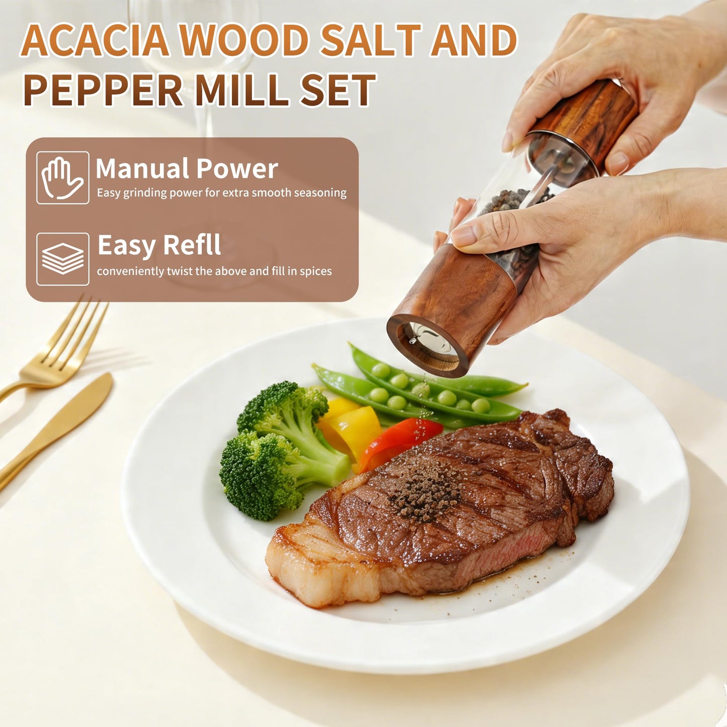 Acacia Wood Premium Acrylic Salt and Pepper Grinder Set, 2 Pack 8 Inches Refillable Salt and Pepper Mill Set, Manual Mills- Crafted of Solid Wooden Shakers with Adjustable Ceramic Core