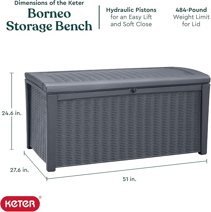 Keter Outdoor Storage Deck Box for Patio, Backyard & Garden, Borneo, 110 Gal, Grey - Lockable, Organizing, and Waterproof Plastic Container Bench