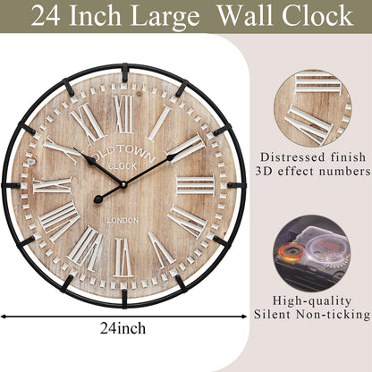 EMAX HOME 24 Inch Large Farmhouse Wall Clock, Rustic Antique Wood with Metal Circle and Large Engraved Numerals, Silent Battery Operated Wall Clock for Office Kitchen Bedroom Living Room