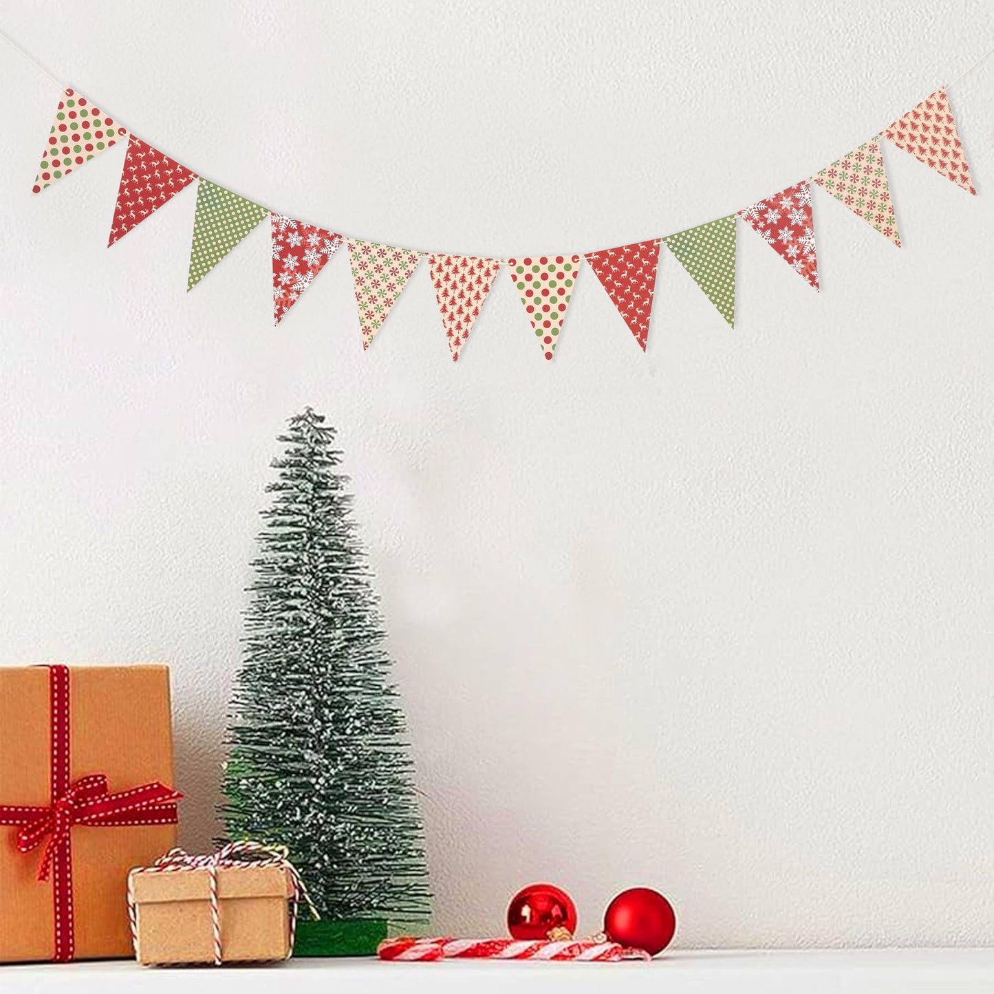 Christmas Banner Bunting-Xmas Birthday Banner- 80 Inch Holiday Pennant Garland with Snowflake Reindeer Pattern, Red and Green Triangle Flags for Winter Home Party Decoration
