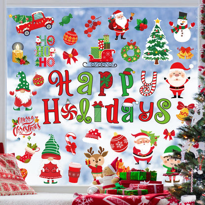 Whaline 9 Sheets Christmas Window Cling Stickers Xmas Santa Reindeer Cartoon Reusable Window Decals for Holiday Party Home Office Classroom Decoration
