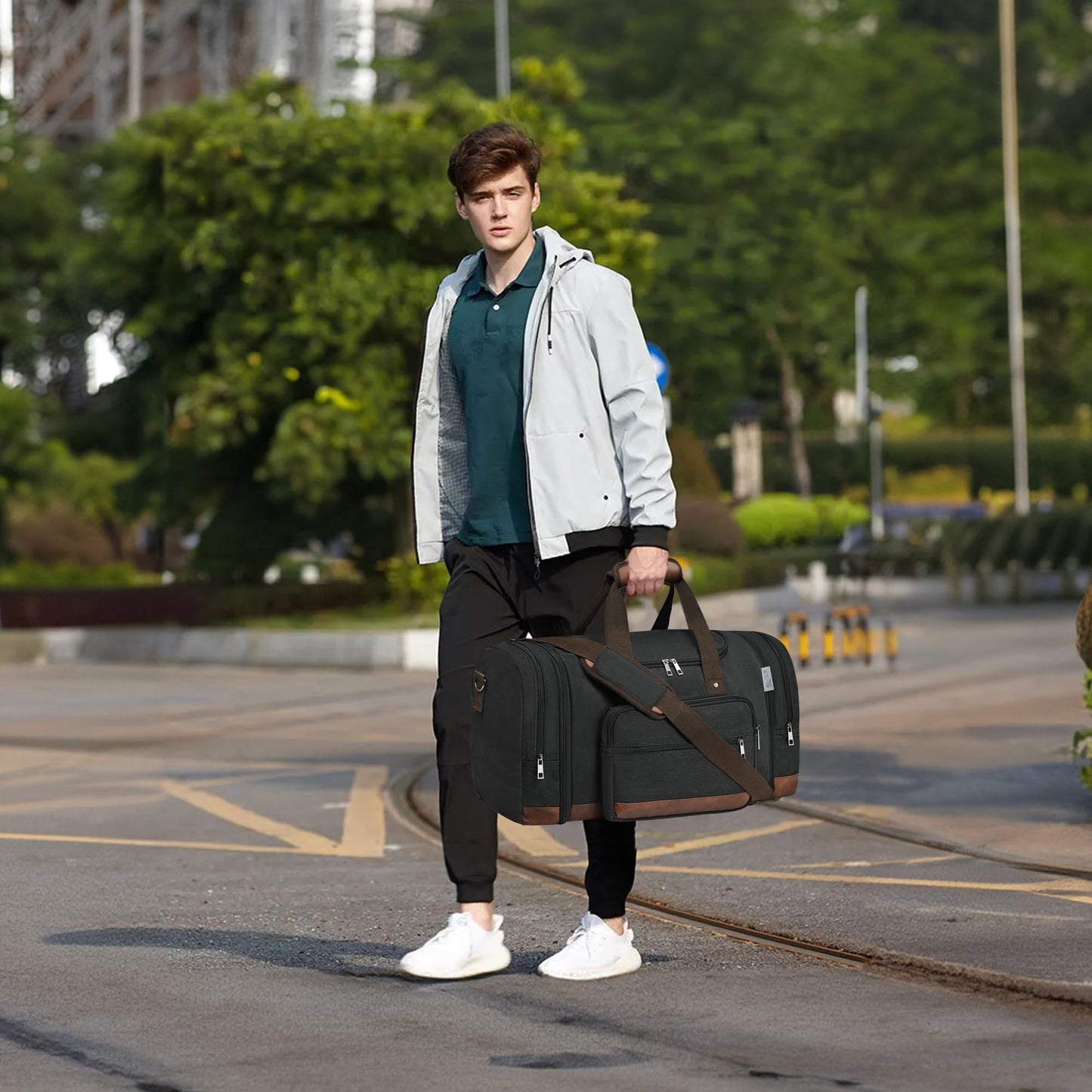 Wohlbege Duffle Bag for Travel,Overnight Weekend Gym Carry On Luggage Bag, 50L Canvas Travel Duffel Bag for Men Women, Expandable Spacious Travel Duffel Bag, Black