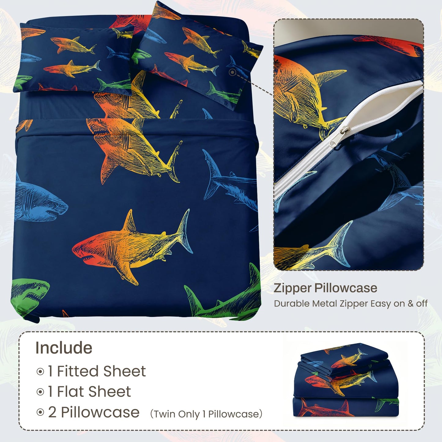 Shark Bedding Set 3 Pcs Marine Life Twin Sheets, Navy Blue