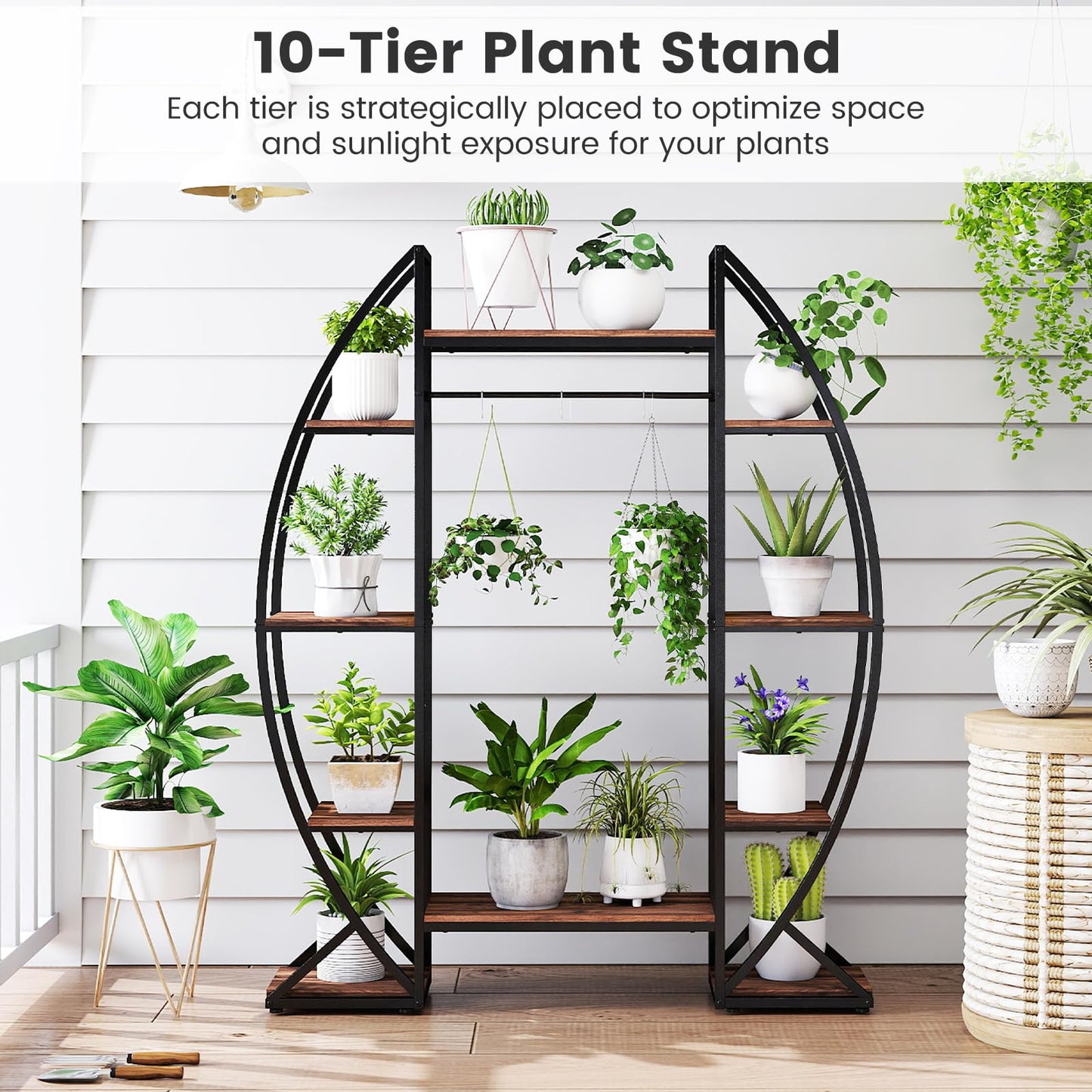 Giantex Plant Stand Indoor with Grow Lights, 10-Tier 63" Tall Metal Plant Shelf for Multiple Plants, Decorative Curved Large Flower Stand Display Pot Rack for Living Room, Home, Balcony, Patio