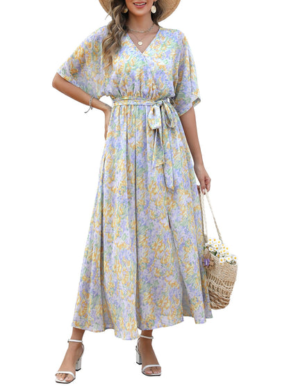 ANRABESS Womens 1/2 Sleeve Beach Wedding Guest Maxi Dresses 2025 Fall Wrap V Neck Boho Floral Flowy Slit Long Summer Dresses