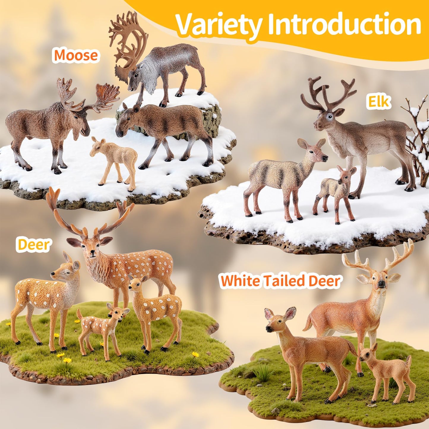 THINKBAY 14 PCS Deers Family Figurines Set - Elk, Reindeer, Moose, Sika Deer, Whitetail Deer - Realistic Solid Wild Animal Figures for Kids 3+, Educational Toys, Cake Toppers, Party Favors