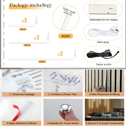 6-Lights LED Recessed Lighting Wall Panel Lights,Self-Adhesive Wood Slat Wall Panel Strip Light,4000K Touchable Switch Dimmable LED Aluminum Channel lamp,Under Cabinet Light(39in+31.5in+23.6in)