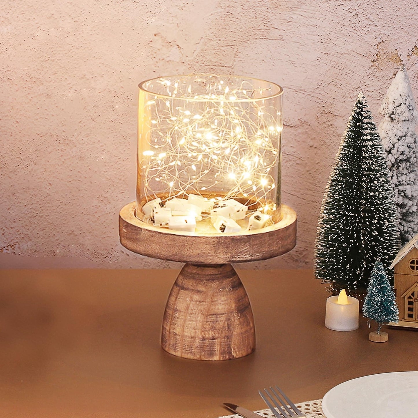 7" Wide Farmhouse Glass Hurricane Candle Holder & Glass Vase with Vintage Natural Sturdy Solid Wooden Base for Pillar & Flower Arrangement, Terrarium, Centerpiece, Console Table, Dining Table, Mantel