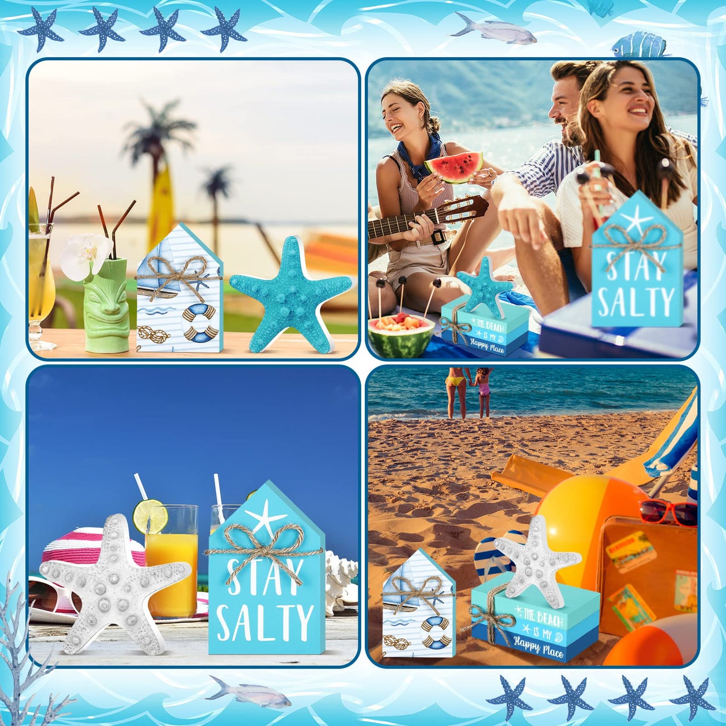 Blulu 5 Pcs Summer Beach Wooden Tabletop Decor, Coastal Ocean Blue Decorations for Home, Wood Starfish Decor, Stay Salty House Signs & Faux Book Stack, Nautical Table Centerpieces for Bedroom Desk
