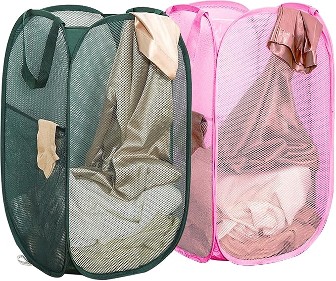 Pop Up Laundry Hamper Thick Mesh Collapsible Laundry Baskets, Large Side Pocket