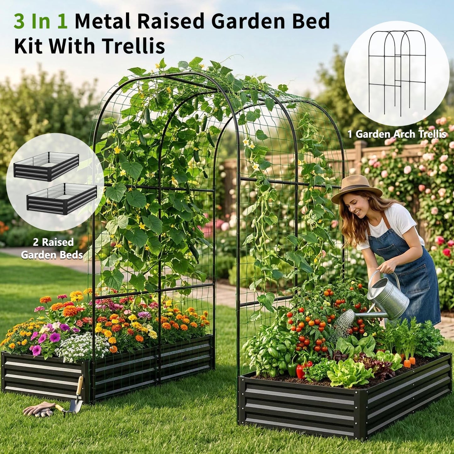 DoCred 3 in 1 Raised Garden Bed with 87in Tall Arch Trellis for Climbing Plants, Galvanized Planter Garden Box Outdoor for Gardening, Climbing Vegetables, Flower, Black