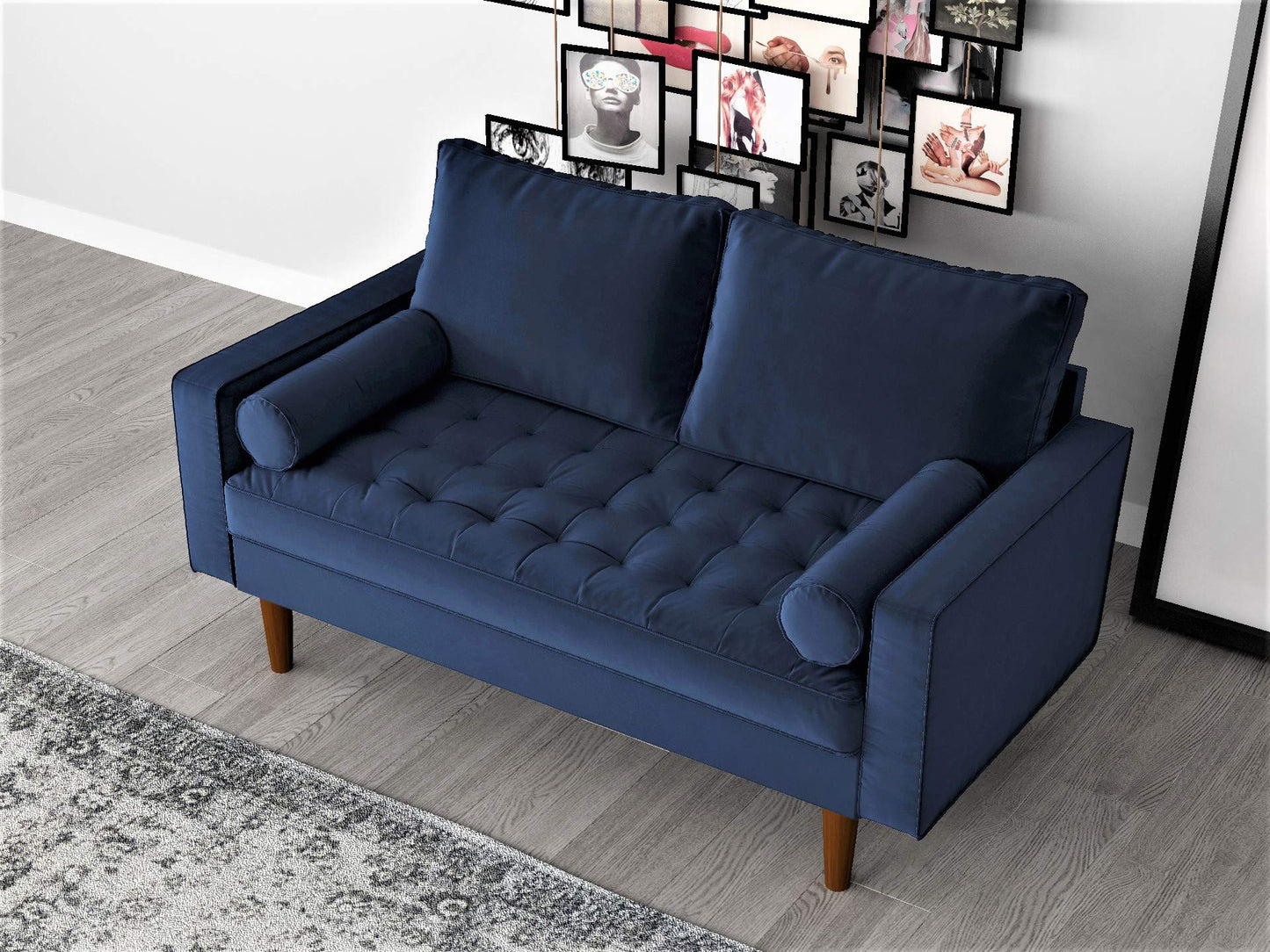 Container Furniture Direct Womble 58 Inch Velvet Loveseat Sofa with Elegant Button Tufted Upholstery, Square Arms, Splayed Wood Legs, Includes Matching Bolster Pillows, Denim Blue
