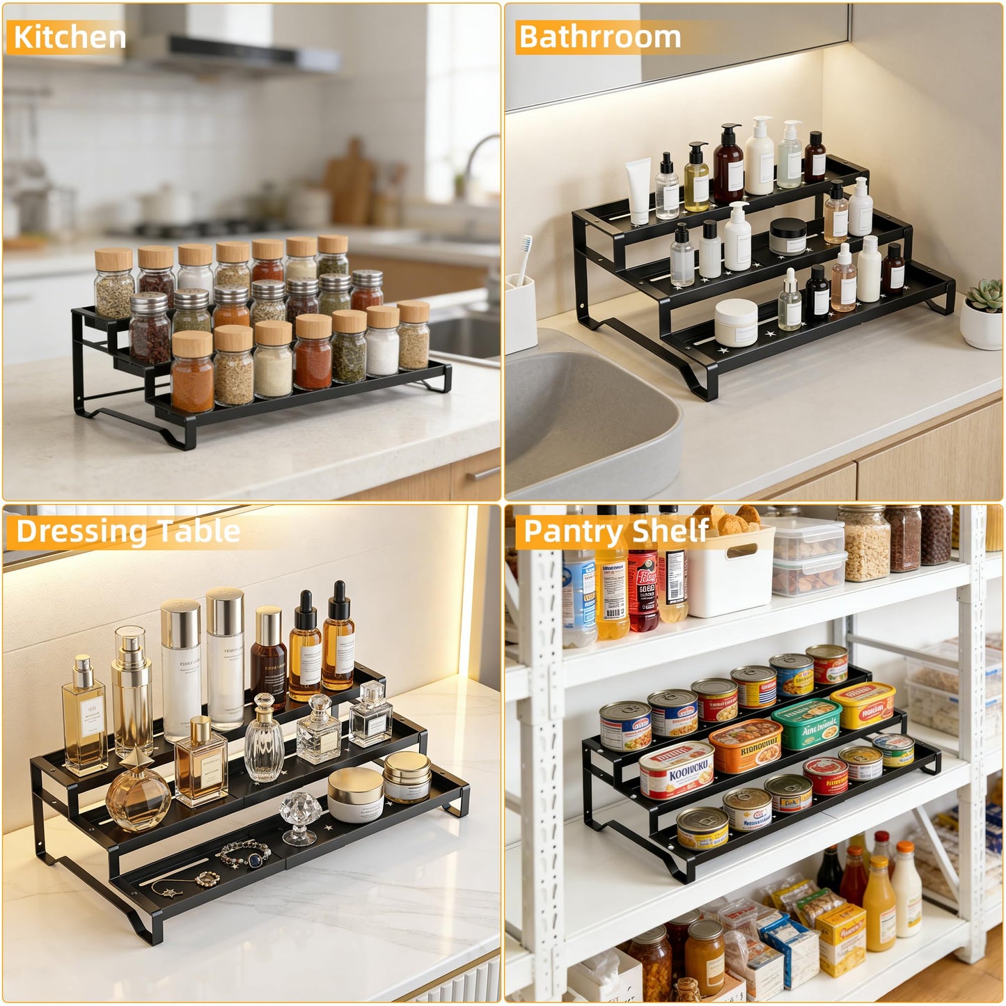 PEEKUP 3-Tier Spice Rack Organizer, 13"-21.5" Expandable Spice Organization Shelf, Metal Seasoning Organizer for Kitchen Countertop or Pantry, Slip-Resistant Design for Jars and Bottles, Black