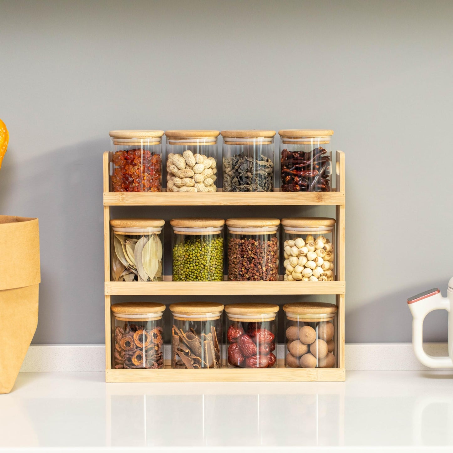 Basicwise Versatile 3-Tier Bamboo Spice Rack and Pantry Organizer with 12 Glass Jars – Perfect for Countertop Storage in Kitchens to Keep Seasoning Containers Neatly Displayed and Easily Accessible