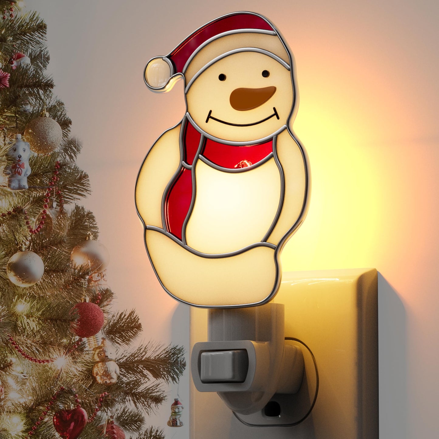 KUNDGLA Night Light Plug into Wall Stained Glass Christmas Snowmen Pretty Night Lights Plug in 7W Warm White Light Decorative Accent Nightlight Silver Chrome Nightlights Home Decor Gifts for Grandkids