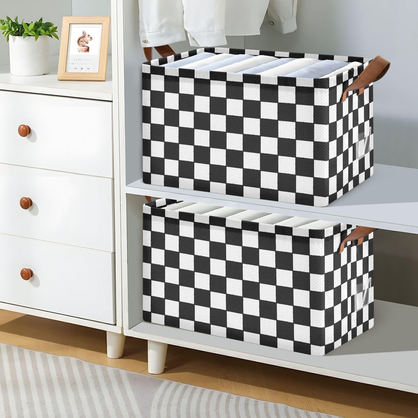 YNNALE Black and White Checkered PlaidStorage Bins for Shelves with Labels&Handles Fabric Organizer Bin Foldable Rectangle Storage Basket Boxes for Closet, Bathroom, Home, Living Room