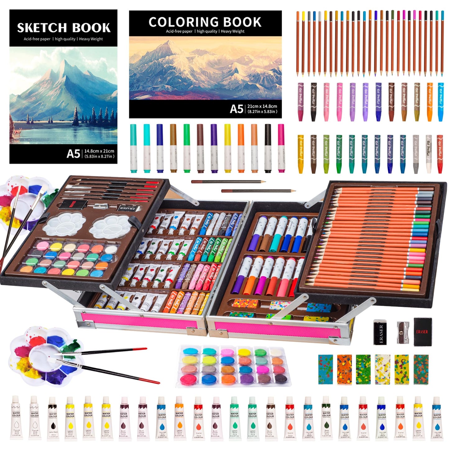 KINSPORY 139 PCS Art Set for Kids, Deluxe Painting Drawing Art Supplies Case Gift for Teens Boys Girls 4 5 6 7 8 9 10 11 12 (Pink)